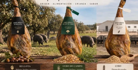 Comparativa entre jamón ibérico de bellota, cebo de campo y cebo según su alimentación