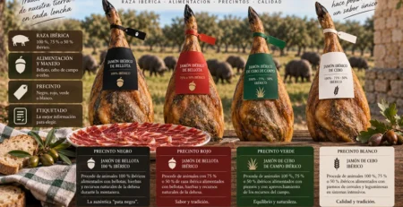 Clasificación del jamón ibérico por precintos negro, rojo, verde y blanco según la Norma de Calidad