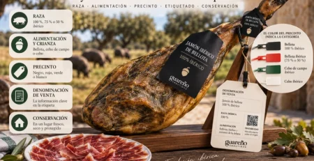 Jamón ibérico de bellota con etiqueta y precintos de clasificación por colores